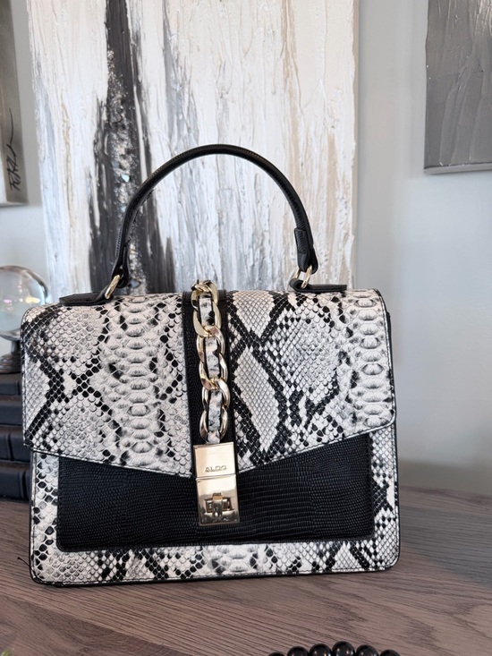 Aldo Handbags - Aldo Black & White Snake-Print Top Handle Satchel with Gold Chain